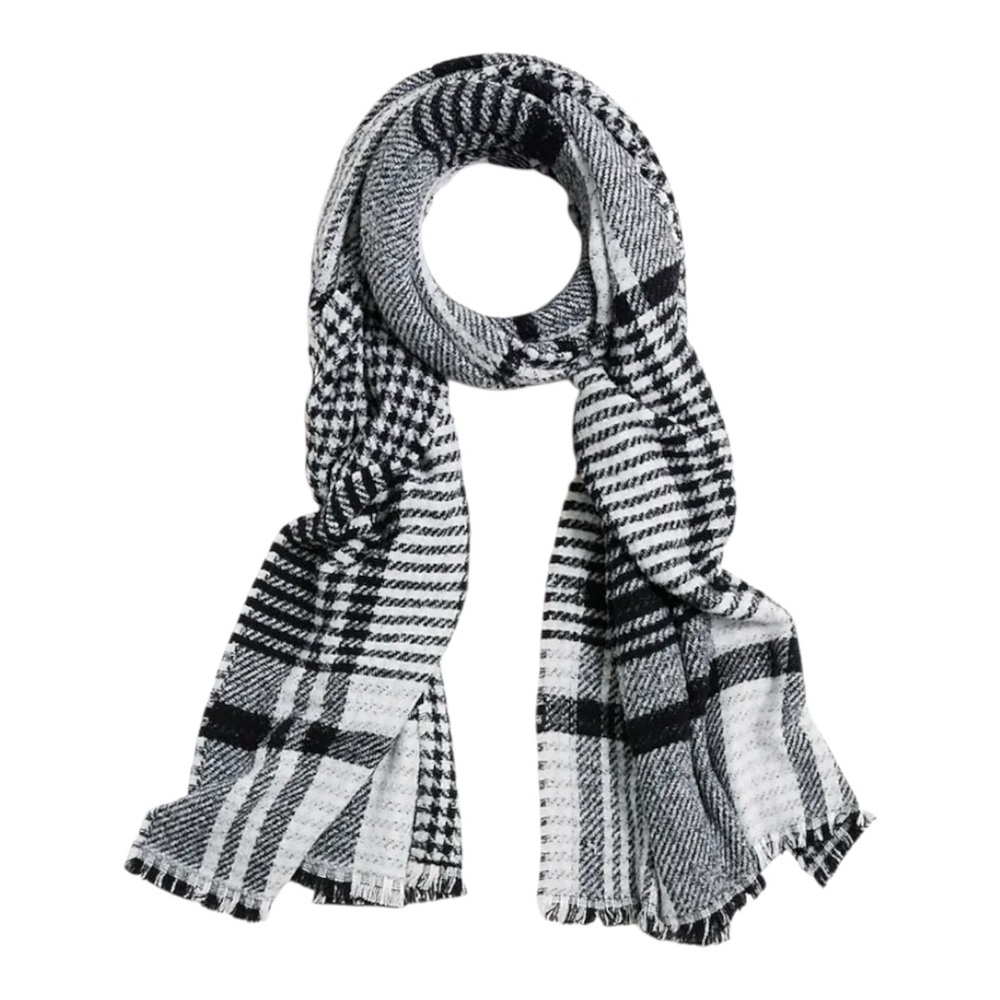 NWT J.Crew Marled Reversible Plaid Houndstooth Scarf Preppy Black J.Crew Factory